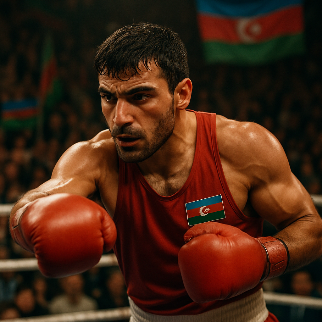 An epic and memorable still capturing a historic fight moment in Azerbaijan boxing, illustrating