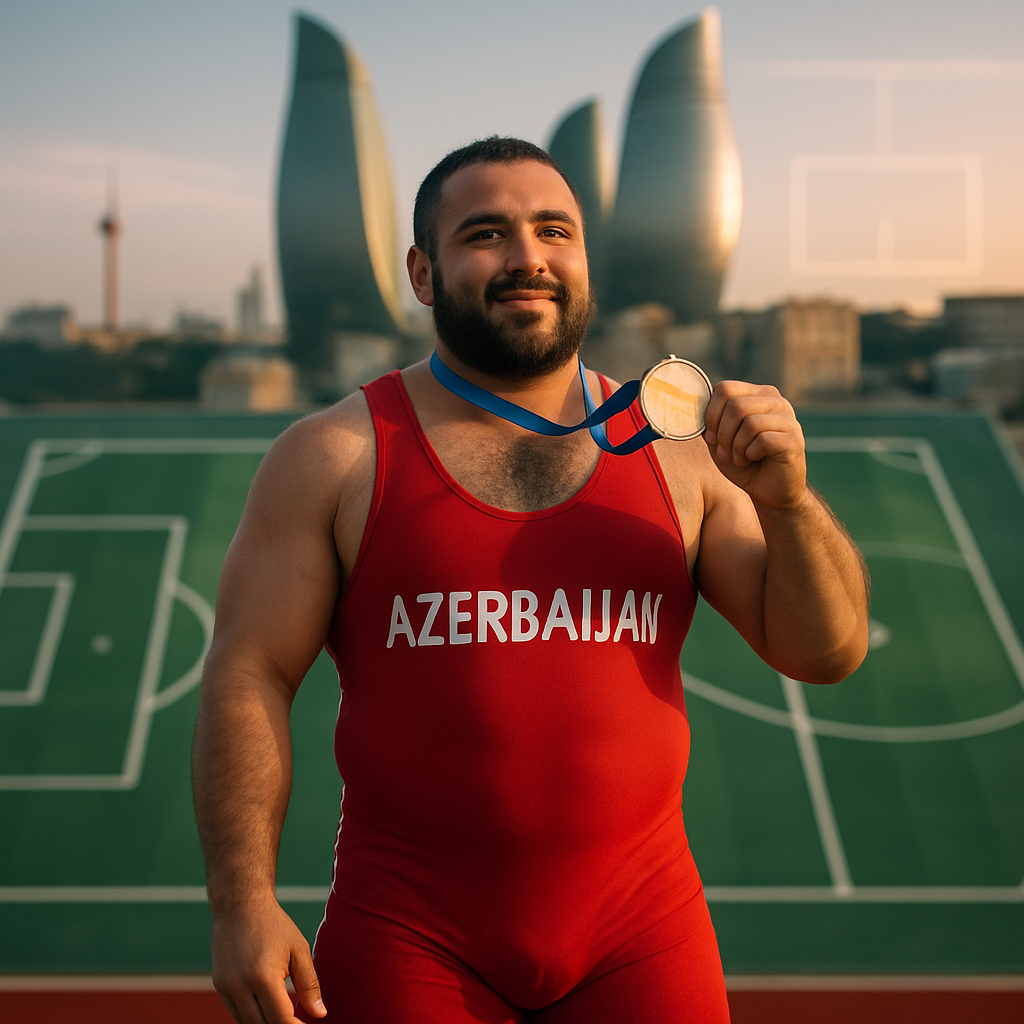 An image displaying the essence of Azerbaijani athletic competition, showcasing a weightlifters success connected