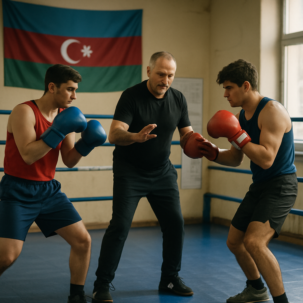 A coach guides two boxers through a structured training drill in an Azerbaijani gym.