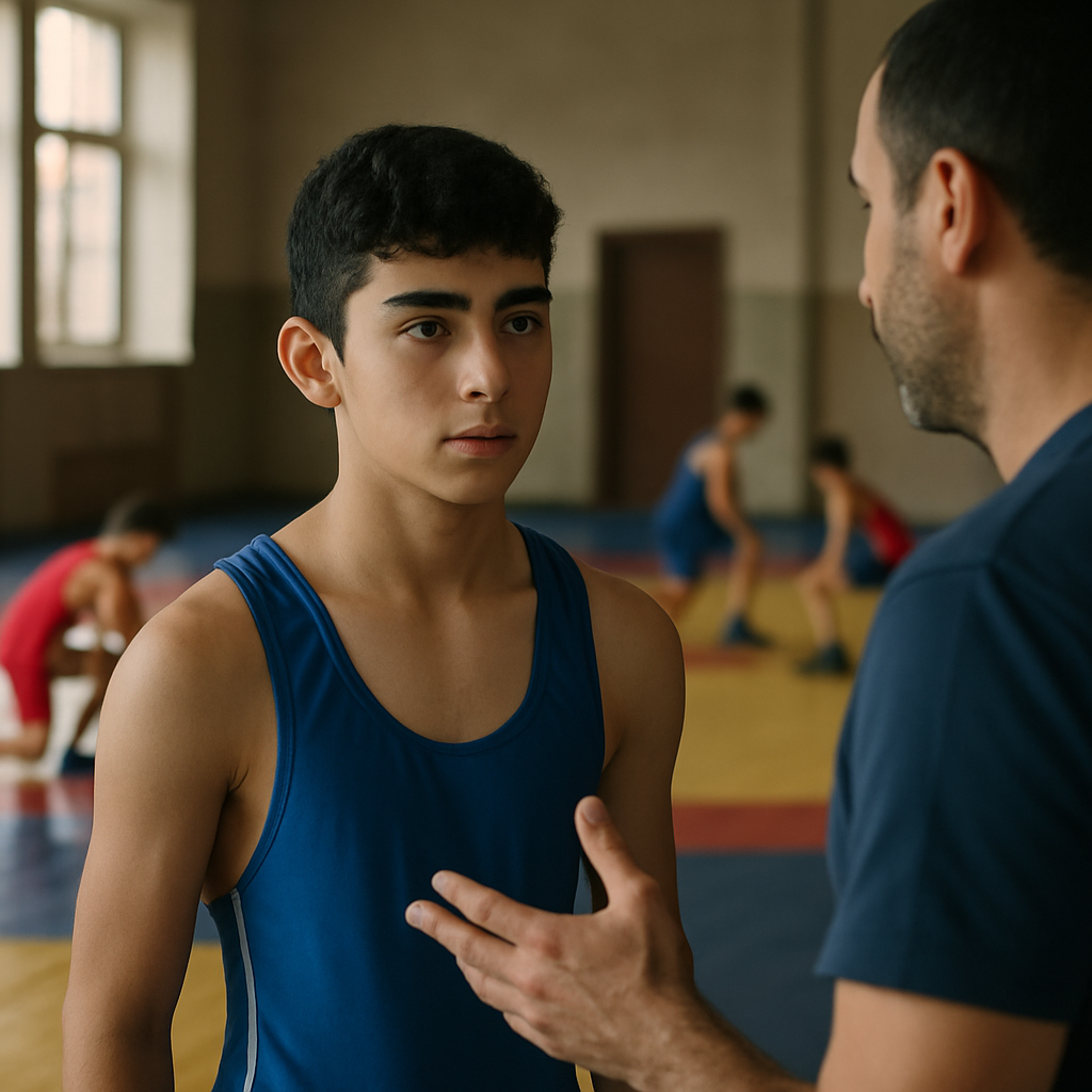 A teenage Azerbaijani athlete listens to a coach at a local sports school as