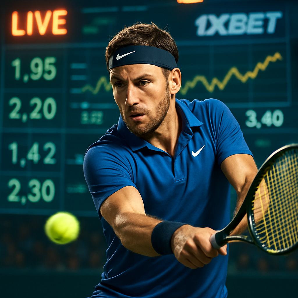 A dynamic tennis match scene with digital overlays representing live odds and player statistics,