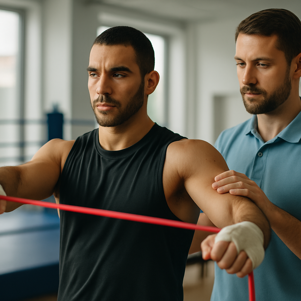 A boxer works through a controlled shoulder rehabilitation exercise with a physiotherapist, with a