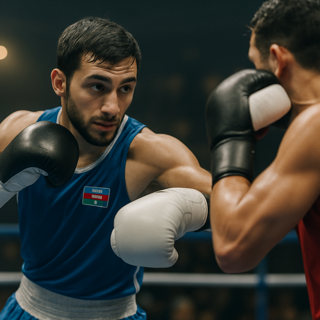 An Azerbaijani boxer controls distance and evades an opponent’s punch in the ring.