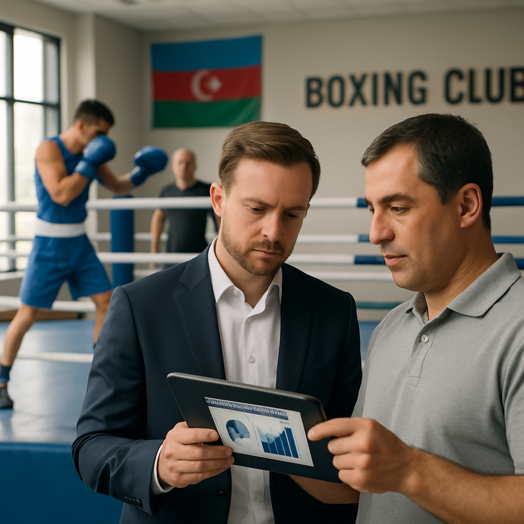 A boxer trains in a Baku gym as club leaders review a sponsorship plan,