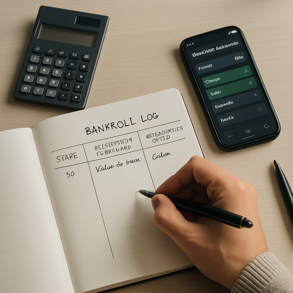A hand records a stake, selection rationale, and emotional state in a bankroll notebook
