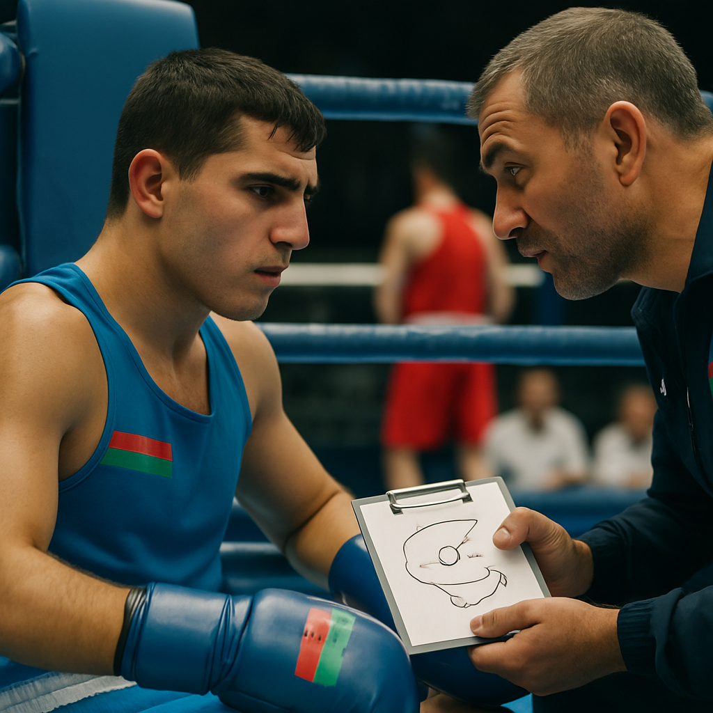 An Azerbaijani boxer listens to their coach between rounds as they review tactics, highlighting