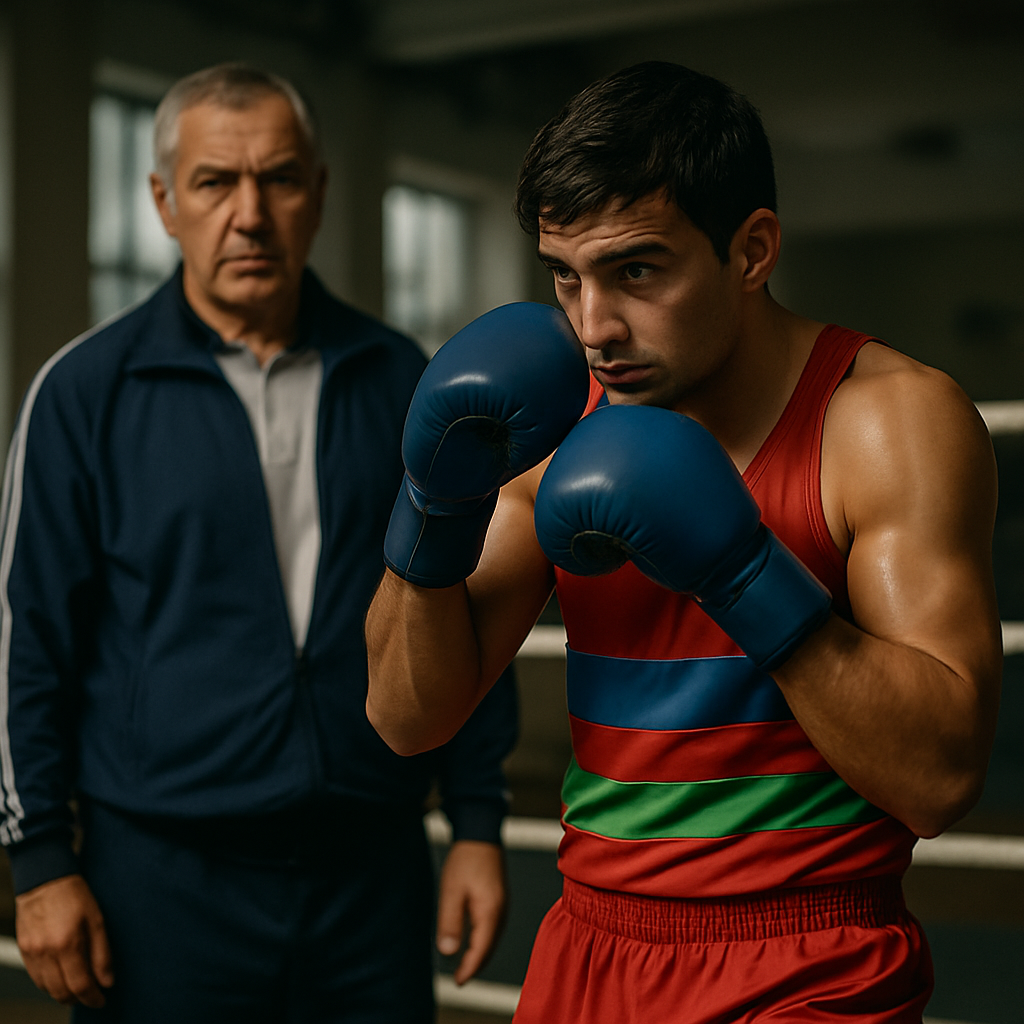 An Azerbaijani boxer trains in the ring with his coach watching from ringside.