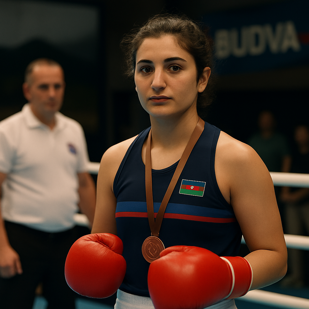Aynur Mikayılova stands in a boxing ring with her bronze medal after an international