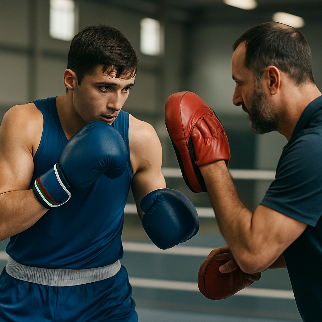An Azerbaijani boxer practices tactical footwork with a coach as another athlete trains in