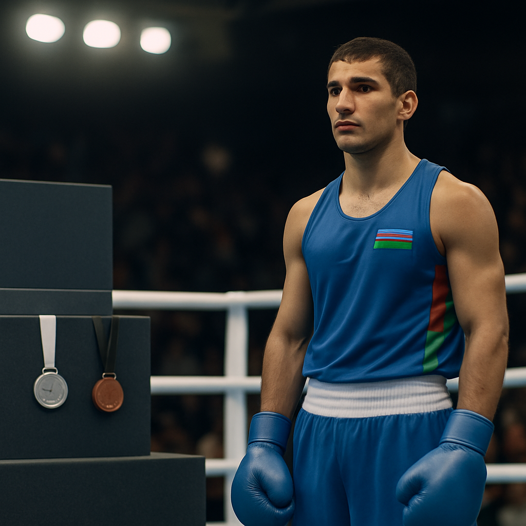 An Azerbaijani boxer stands in an Olympic ring beside silver and bronze medals, with