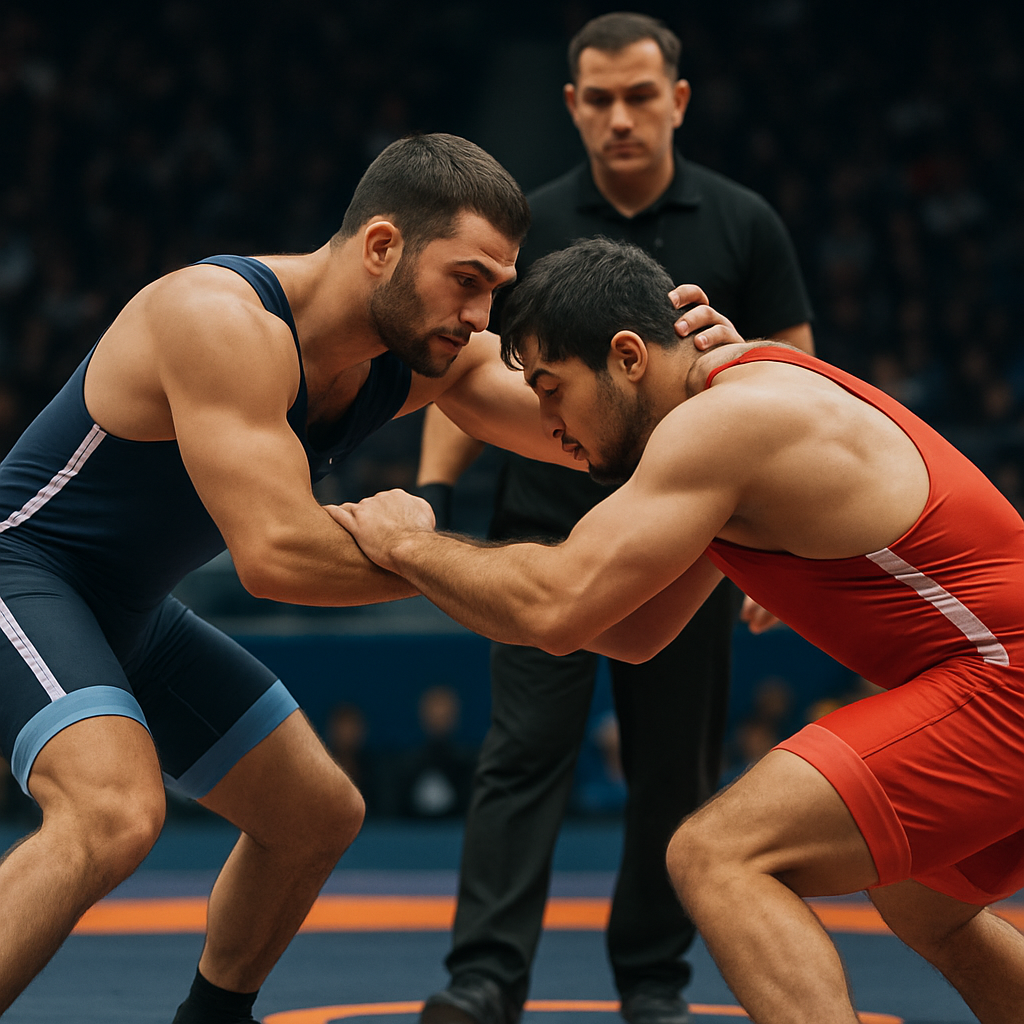 Two Azerbaijani wrestlers compete in a tense tactical bout on the championship mat.
