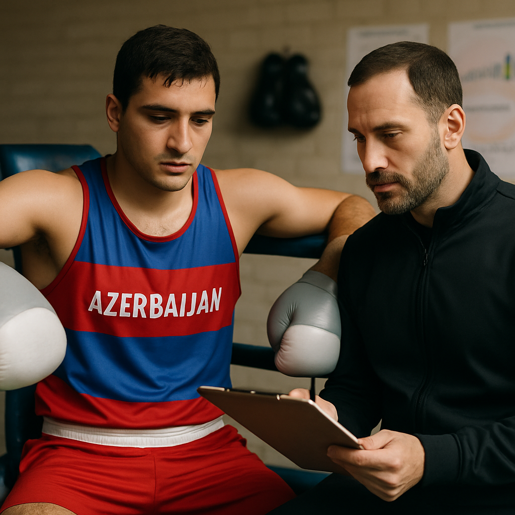 An Azerbaijani boxer rests in the ring while a coach reviews performance notes in